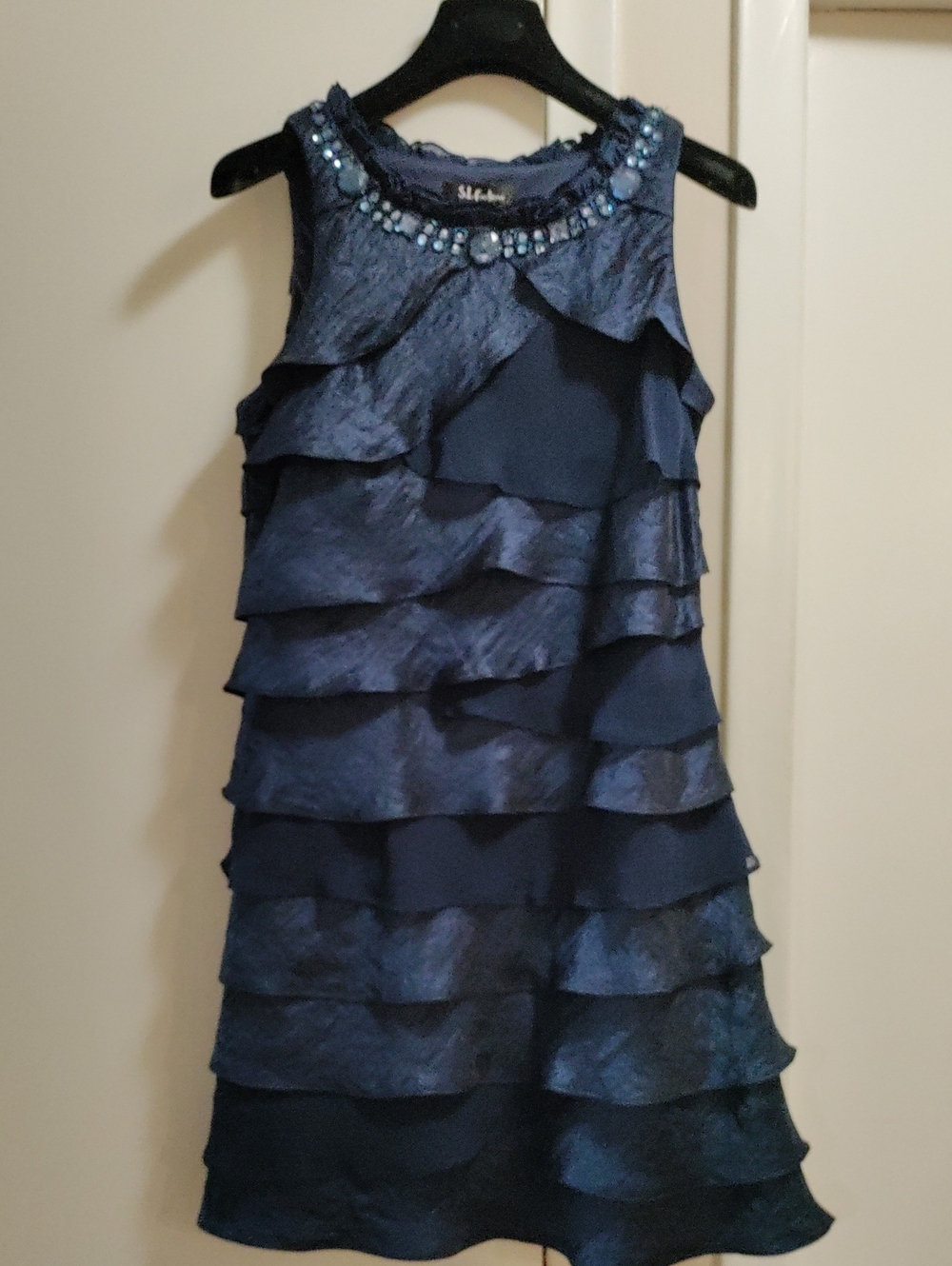 S.L. Fashions Navy Tiered Ruffle Dress with Beaded Neckline